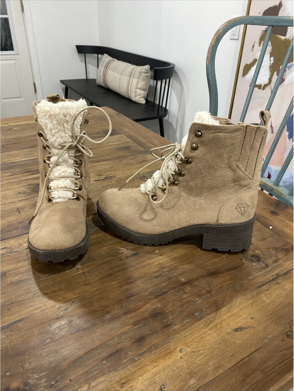 NEW Rock & Candy Kayden Faux Shearling Lug Sole Women’s Combat Boots Taupe 8